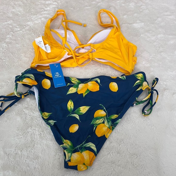 Cupshe Yellow Wrap Bikini Top Navy Lemon Print Side Tie Bottoms Set Size XL NWT - Picture 7 of 13